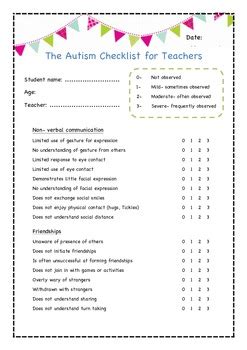 Printable Autism Checklist For Teachers